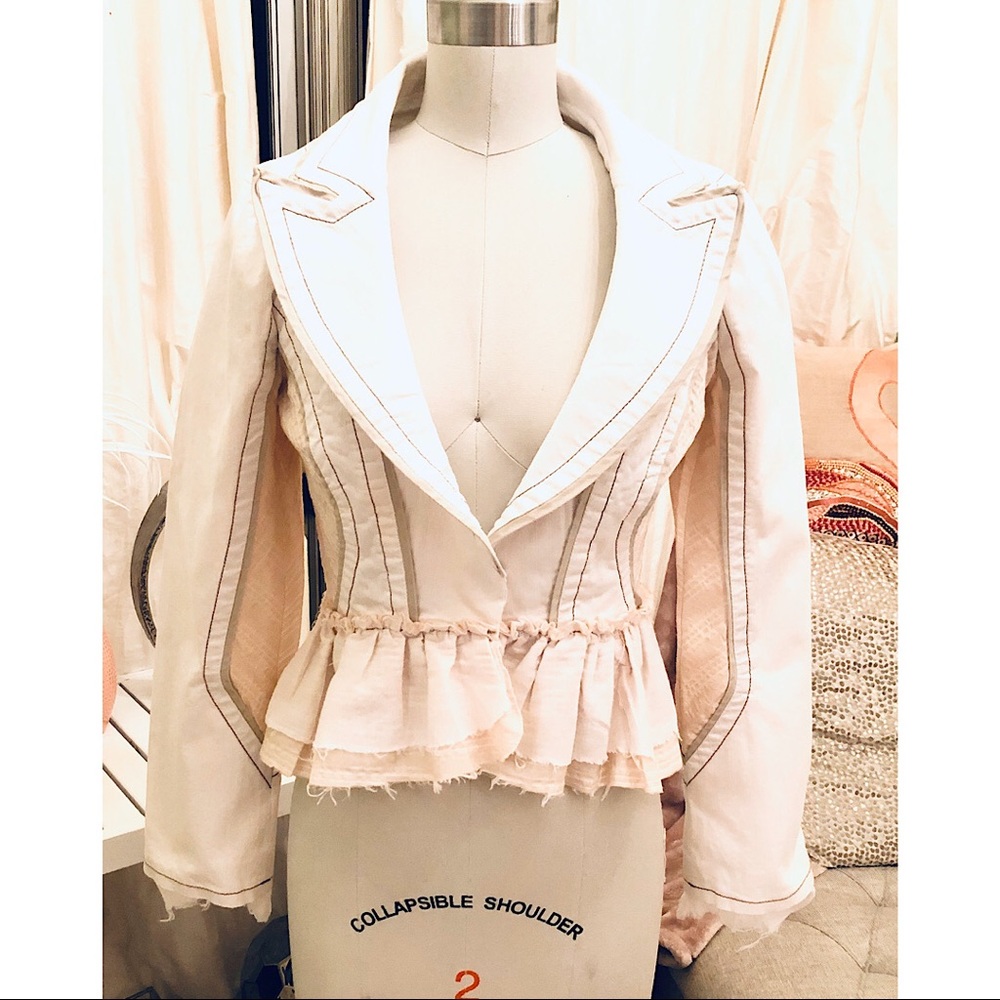 Bebe Vintage Jacket tan and white with ruffles